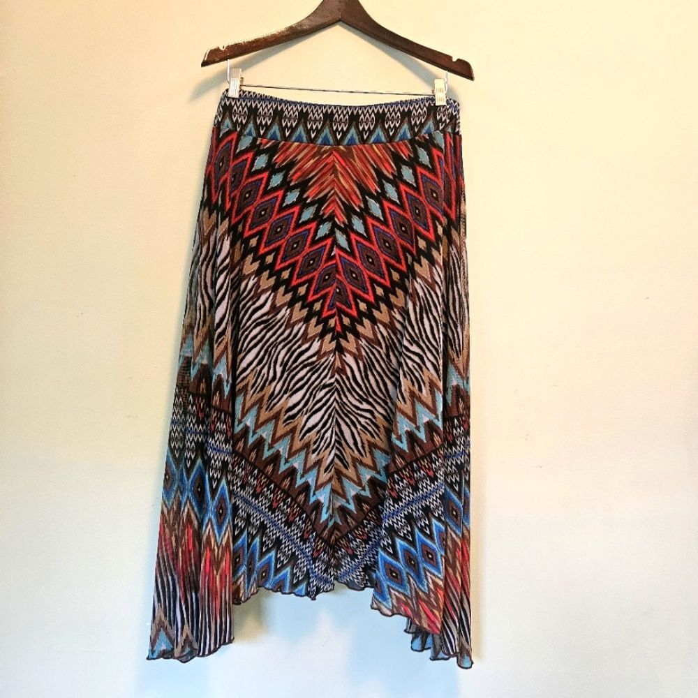 John Paul Richard Skirt Women Sz L Multicolor Geometric Aztec Asymmetrical Midi